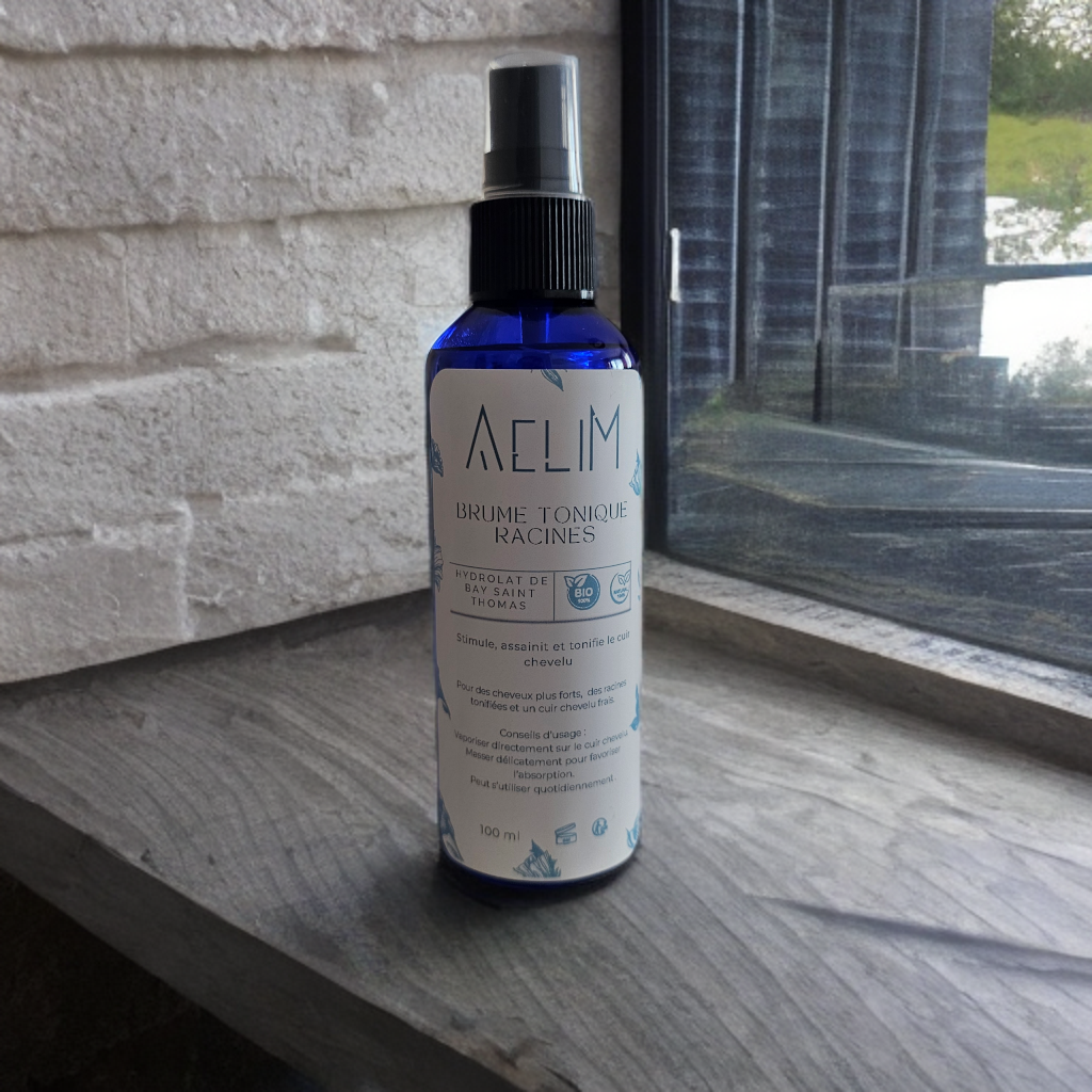 Brume Racine Tonique AELIM à l'hydrolat de bay Saint-Thomas – soin cuir chevelu naturel fabriqué en France