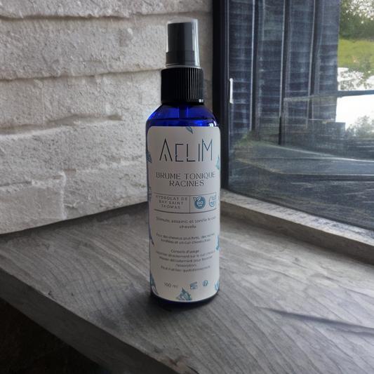 Brume Racine Tonique AELIM à l'hydrolat de bay Saint-Thomas – soin cuir chevelu naturel fabriqué en France